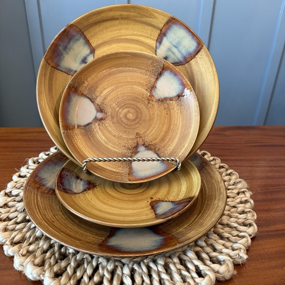Sango Splash 4951 Dinner /Salad Plates Service for 2 Brown Stoneware Vintage - Picture 1 of 7
